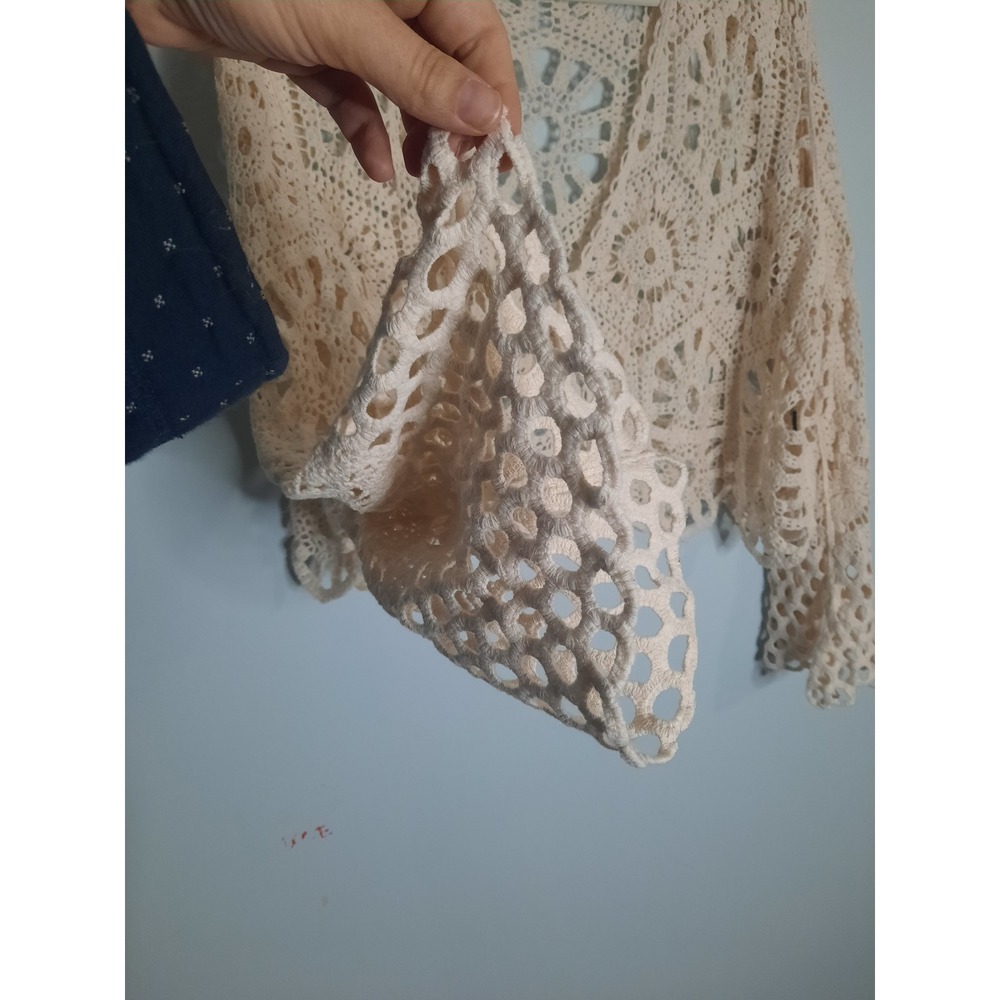 Boho Cream Crochet Shrug Cardigan Floral Open Knit Cropped Tie Front Top Womens - Picture 4 of 5
